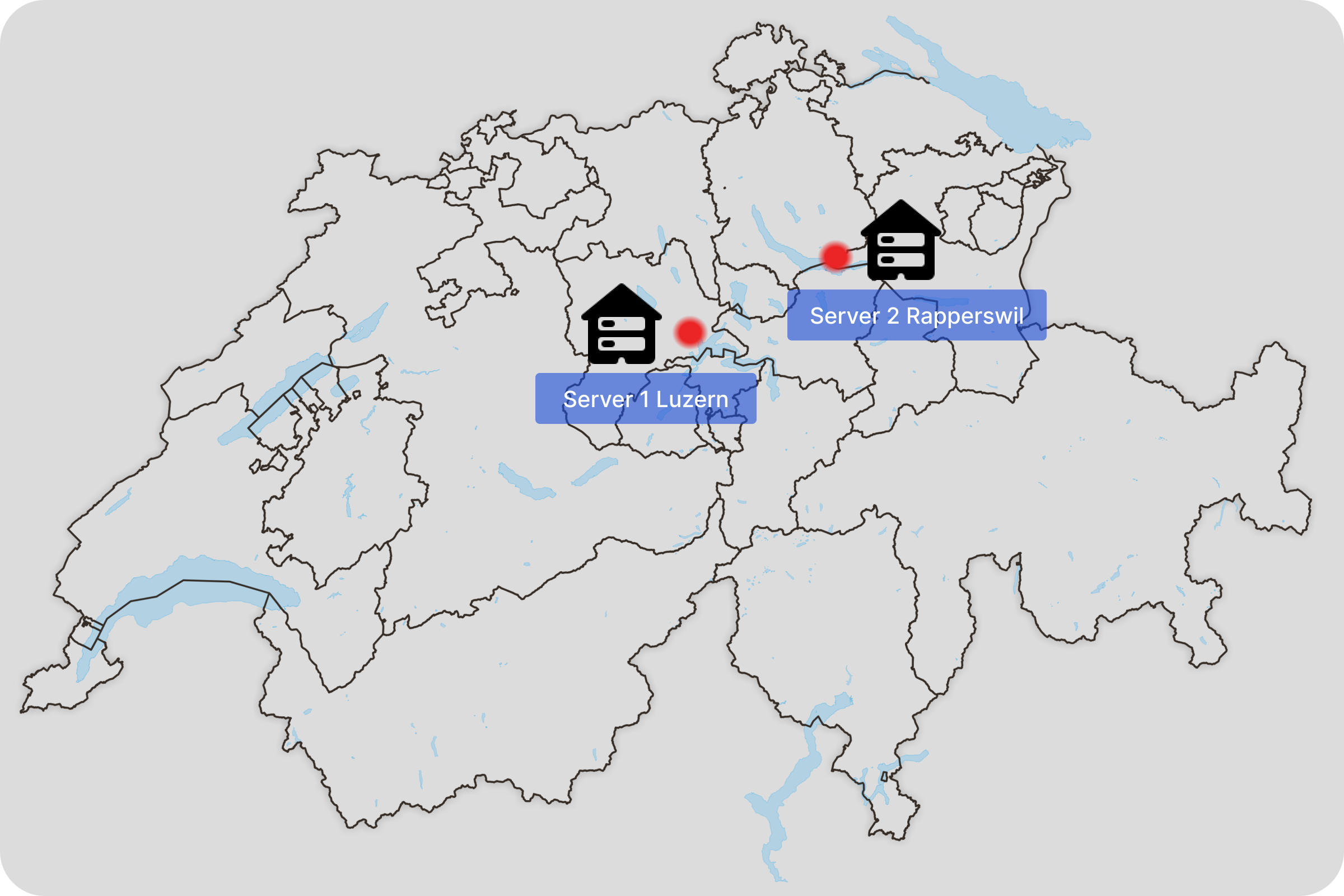 Eine Karte der Schweiz zeigt zwei Server-Standorte: Server 1 in Luzern und Server 2 in Rapperswil.